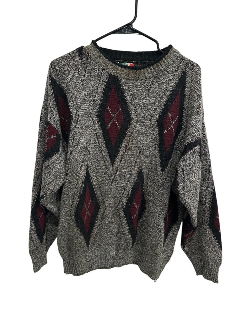 Vintage Colore Pullover Argyle Sweater Gray Red Sz Medium Long Sleeve Grandpa